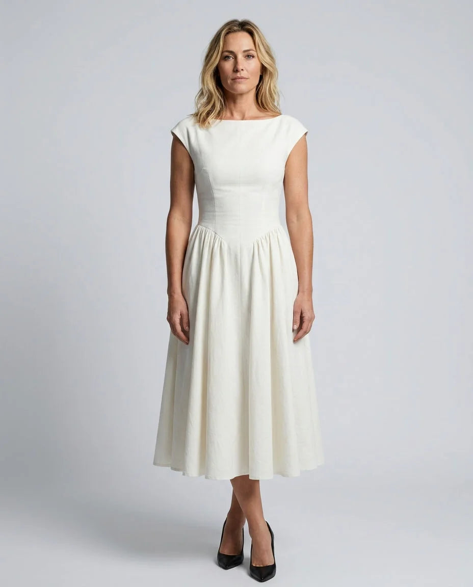 White Women's Full Skirt Midi Dress with Structured Bodice & Cap Sleeves