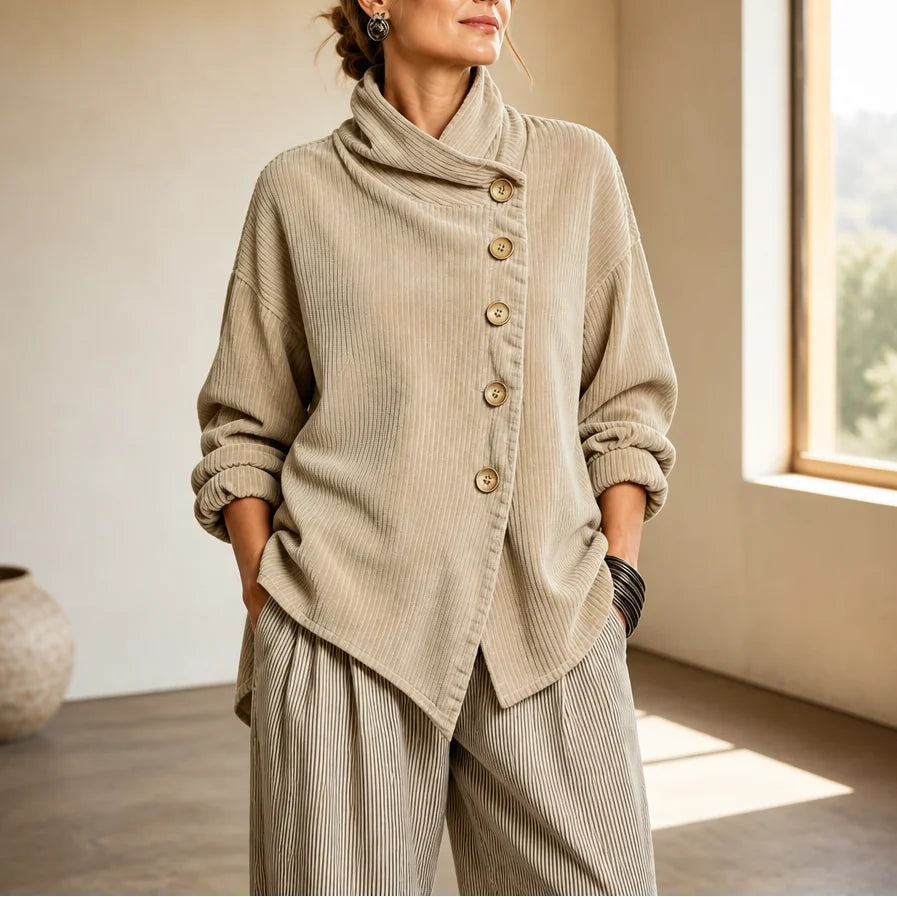 Beige Women's Corduroy Top with Funnel Collar & Asymmetric Button Placket