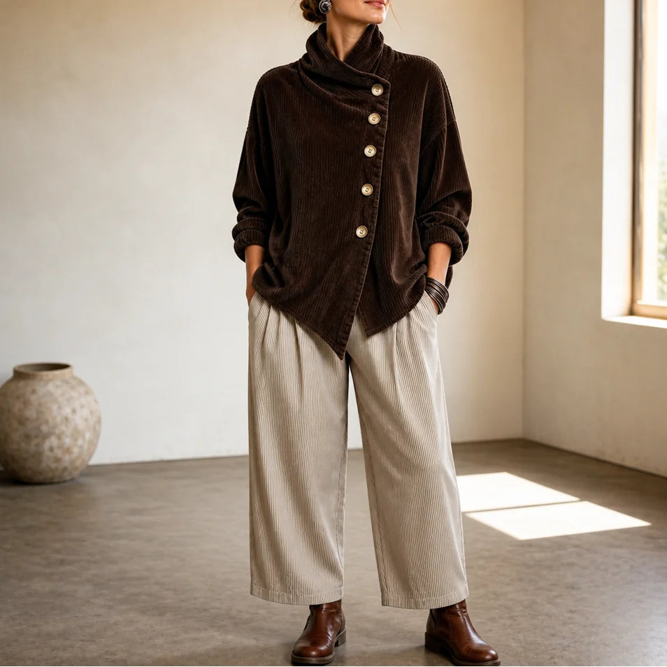 Brown Women's Corduroy Top with Funnel Collar & Asymmetric Button Placket