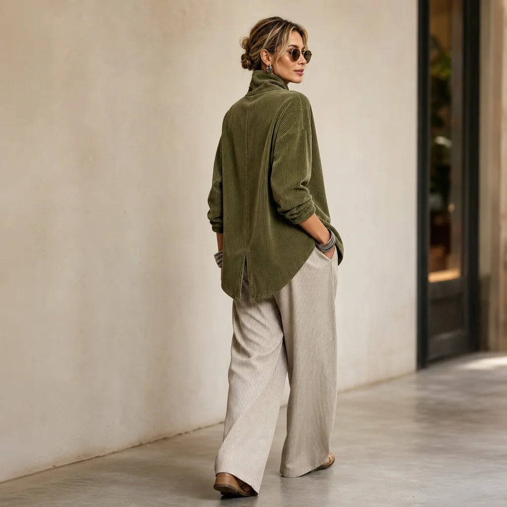 Women's Corduroy Top with Funnel Collar & Asymmetric Button Placket - Back Full Side Pose