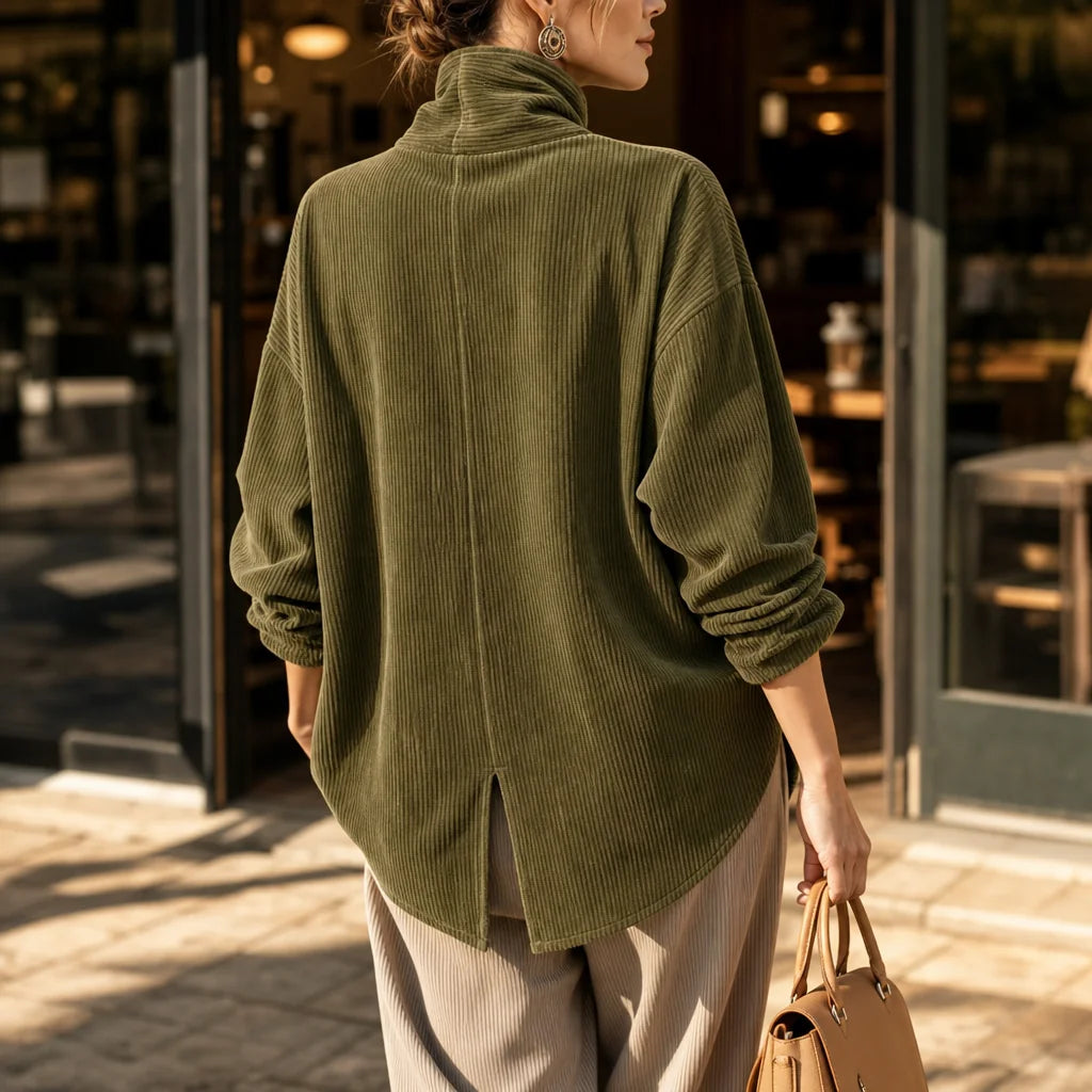 Women's Corduroy Top with Funnel Collar & Asymmetric Button Placket - Back Full Walking