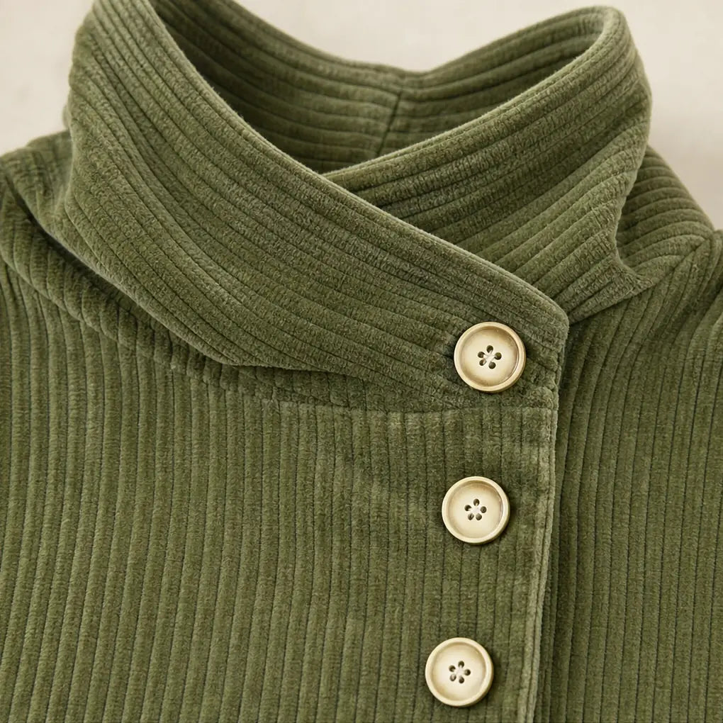 Women's Corduroy Top with Funnel Collar & Asymmetric Button Placket - Collar Button Detail