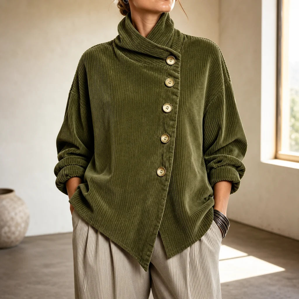 Olive Women's Corduroy Top with Funnel Collar & Asymmetric Button Placket - Front Close Up Buttons