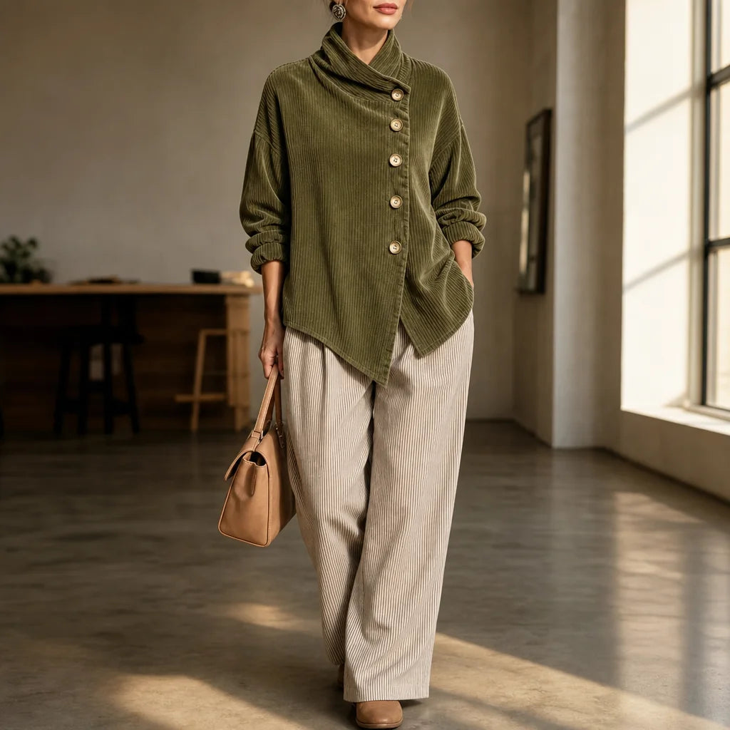 Women's Corduroy Top with Funnel Collar & Asymmetric Button Placket - Front Full Indoor Walking