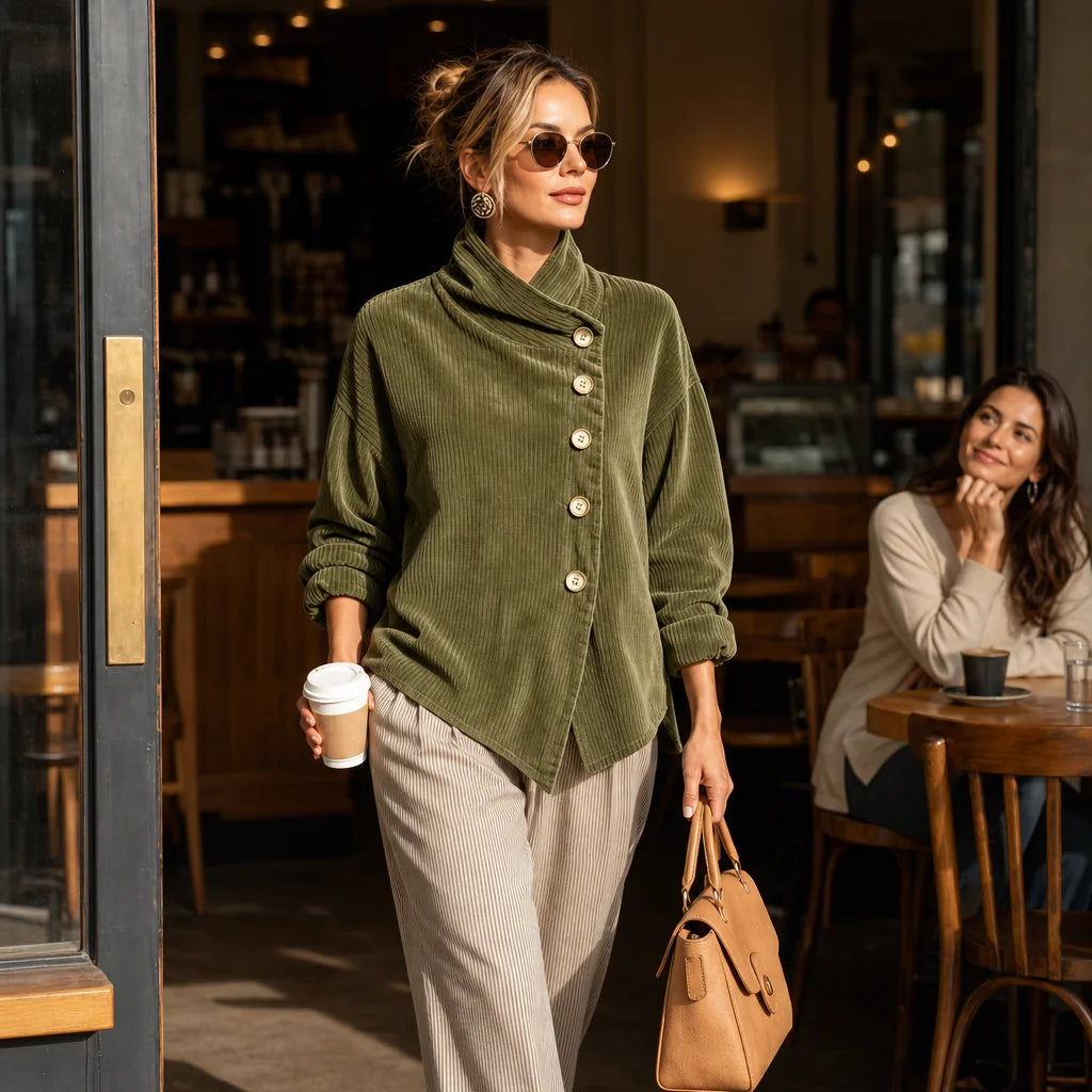 Women's Corduroy Top with Funnel Collar & Asymmetric Button Placket - Front Full Outdoor Cafe