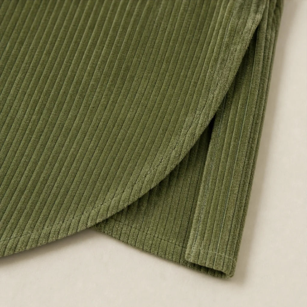 Women's Corduroy Top with Funnel Collar & Asymmetric Button Placket - Hem Fold Detail