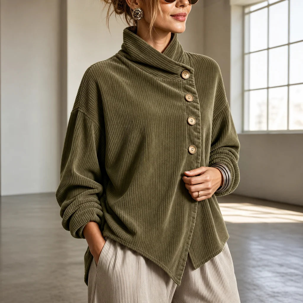 Women's Corduroy Top with Funnel Collar & Asymmetric Button Placket