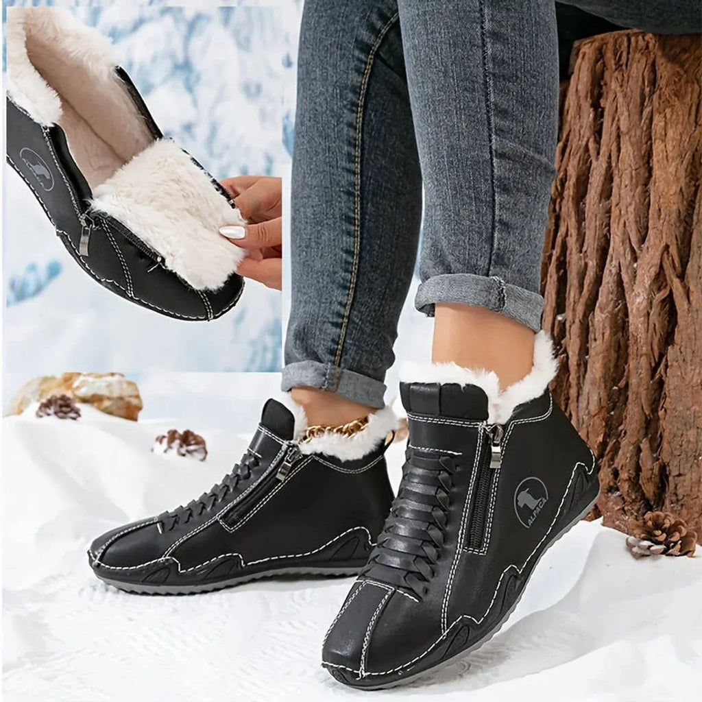 Black Women's Fur Lined Ankle Boots with Roomy Toe Box & Side Zipper — Nola - Seated Pose Detail