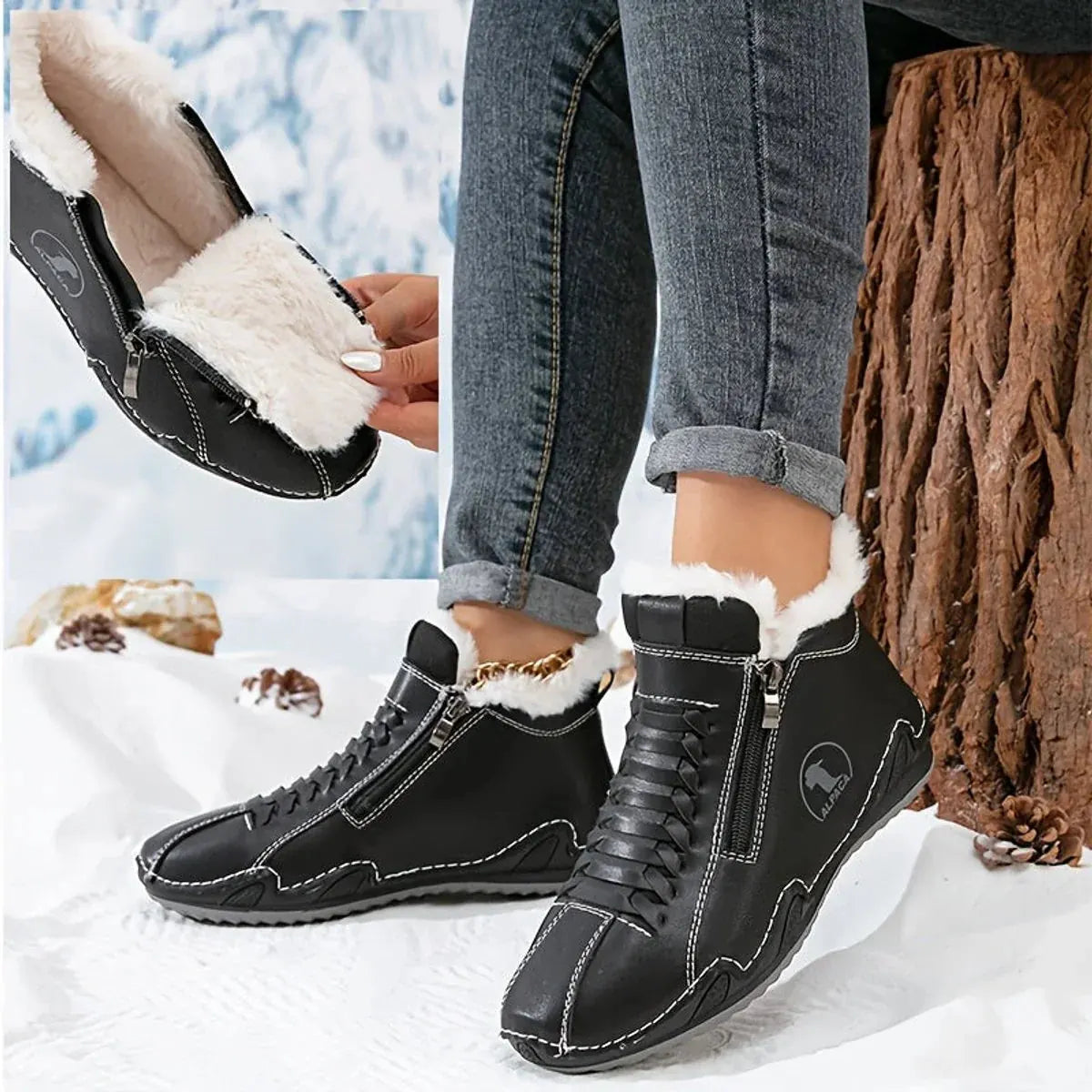Black Women's Fur Lined Ankle Boots with Roomy Toe Box & Side Zipper — Nola - Seated Pose Detail