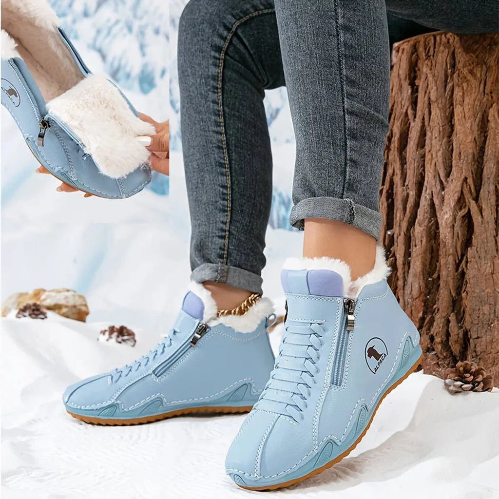 Blue Women's Fur Lined Ankle Boots with Roomy Toe Box & Side Zipper — Nola - Snow Background Pose