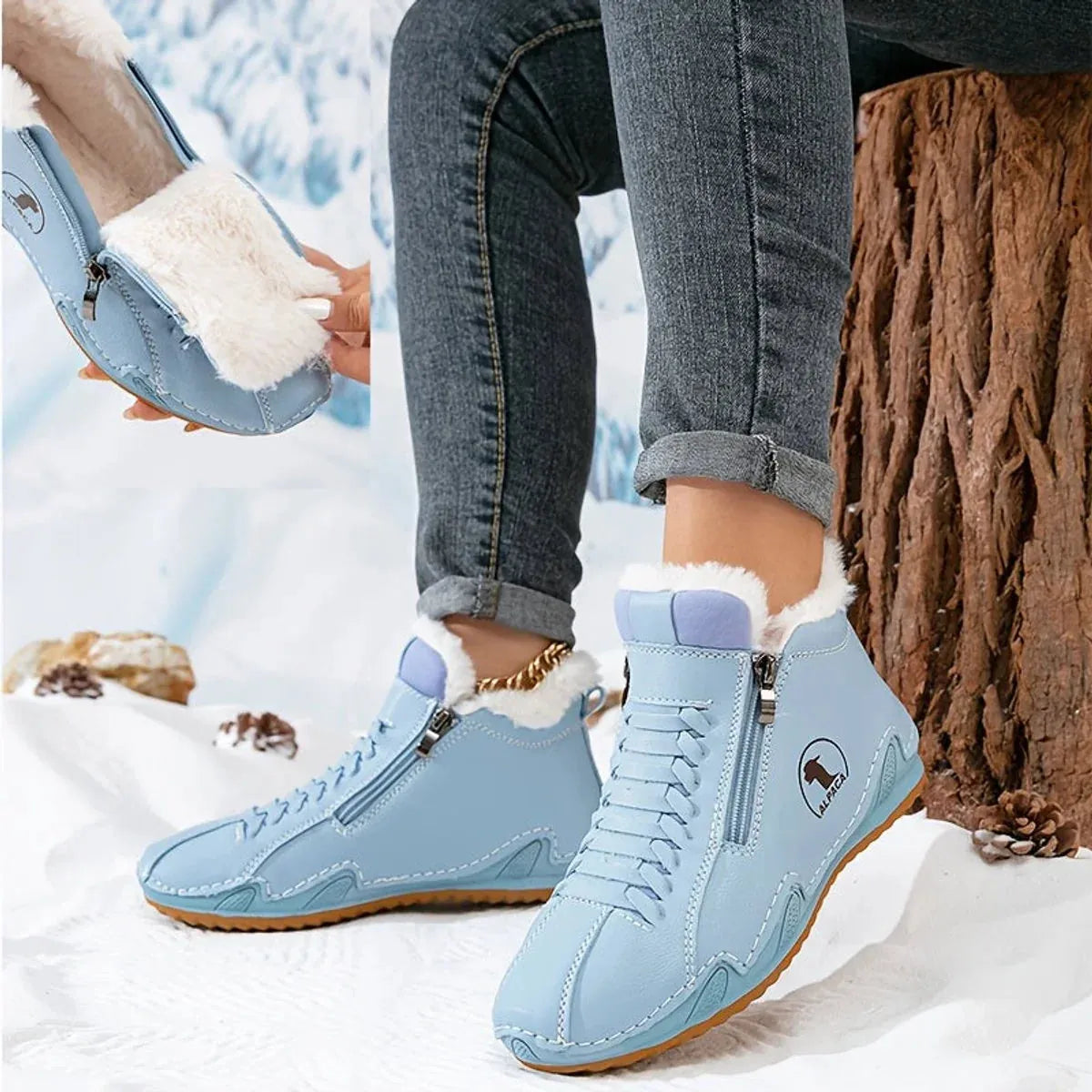 Blue Women's Fur Lined Ankle Boots with Roomy Toe Box & Side Zipper — Nola - Snow Background Pose
