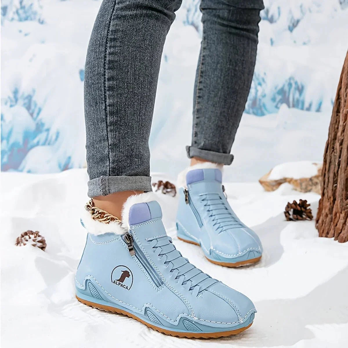 Blue Women's Fur Lined Ankle Boots with Roomy Toe Box & Side Zipper — Nola - Walking Pose Outdoor