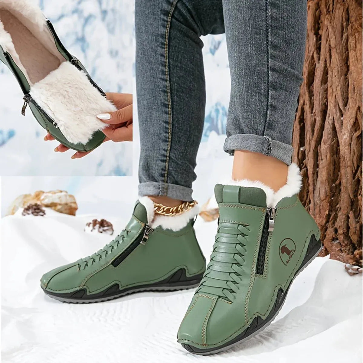 Green Women's Fur Lined Ankle Boots with Roomy Toe Box & Side Zipper — Nola - Zipper Closeup