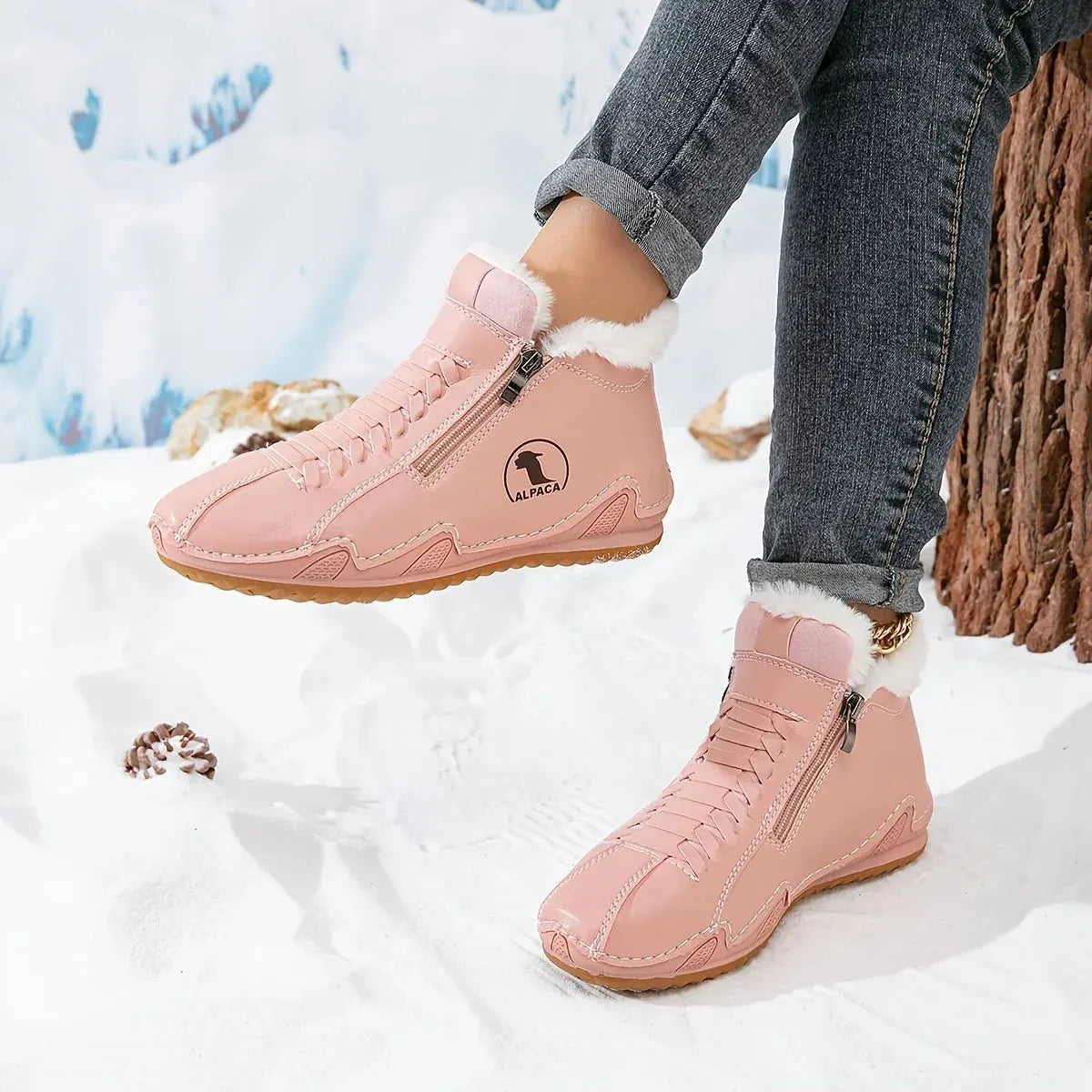 Pink Women's Fur Lined Ankle Boots with Roomy Toe Box & Side Zipper — Nola - Ankle Closeup Worn