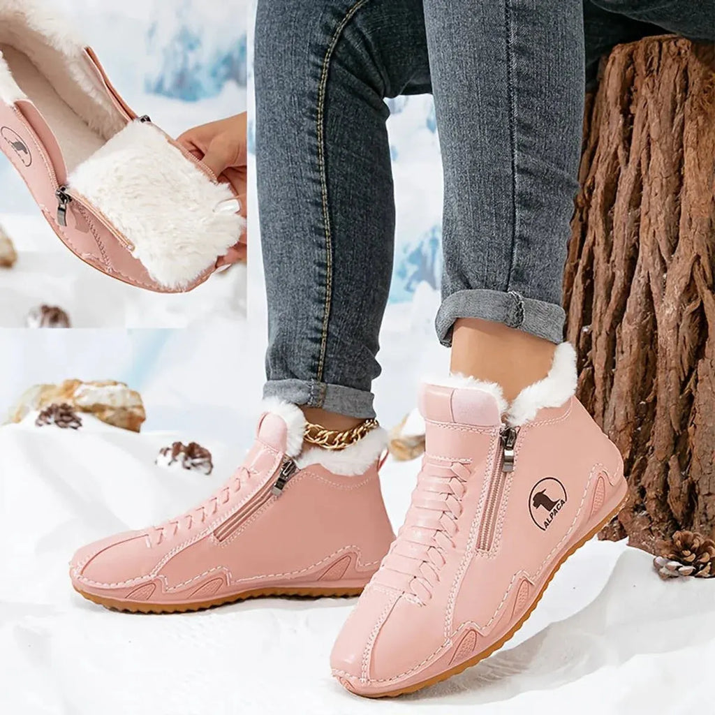 Pink Women's Fur Lined Ankle Boots with Roomy Toe Box & Side Zipper — Nola - Side Profile Worn