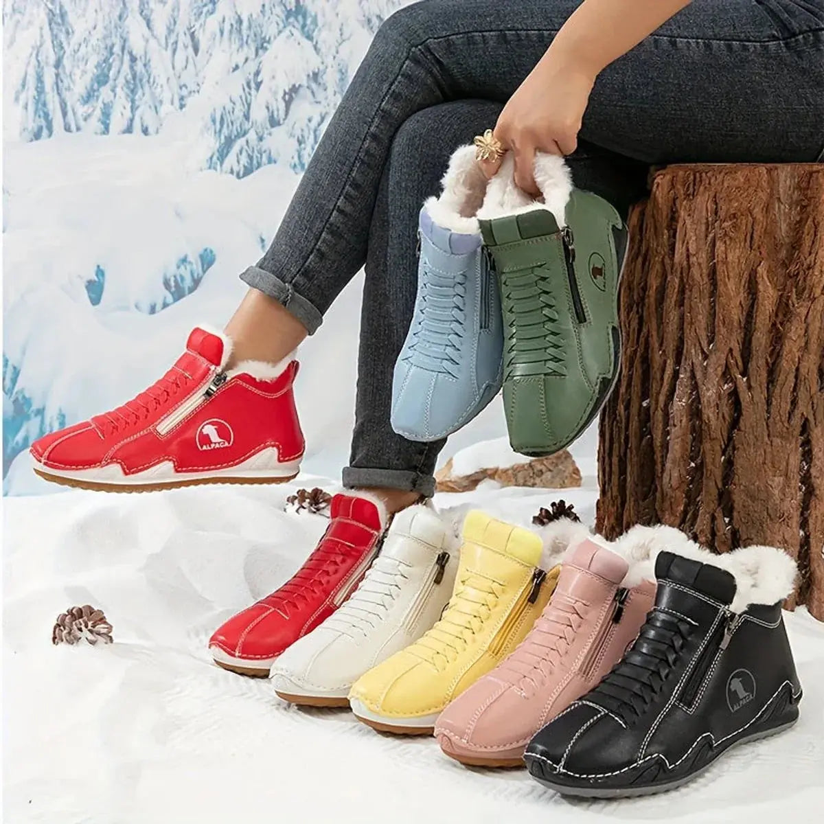 Red Women's Fur Lined Ankle Boots with Roomy Toe Box & Side Zipper — Nola - Group Color Lineup