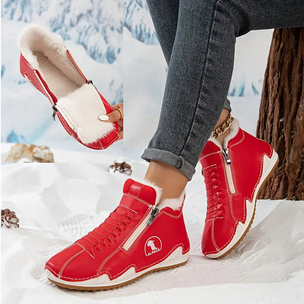 Red Women's Fur Lined Ankle Boots with Roomy Toe Box & Side Zipper — Nola - Pair Display Snow