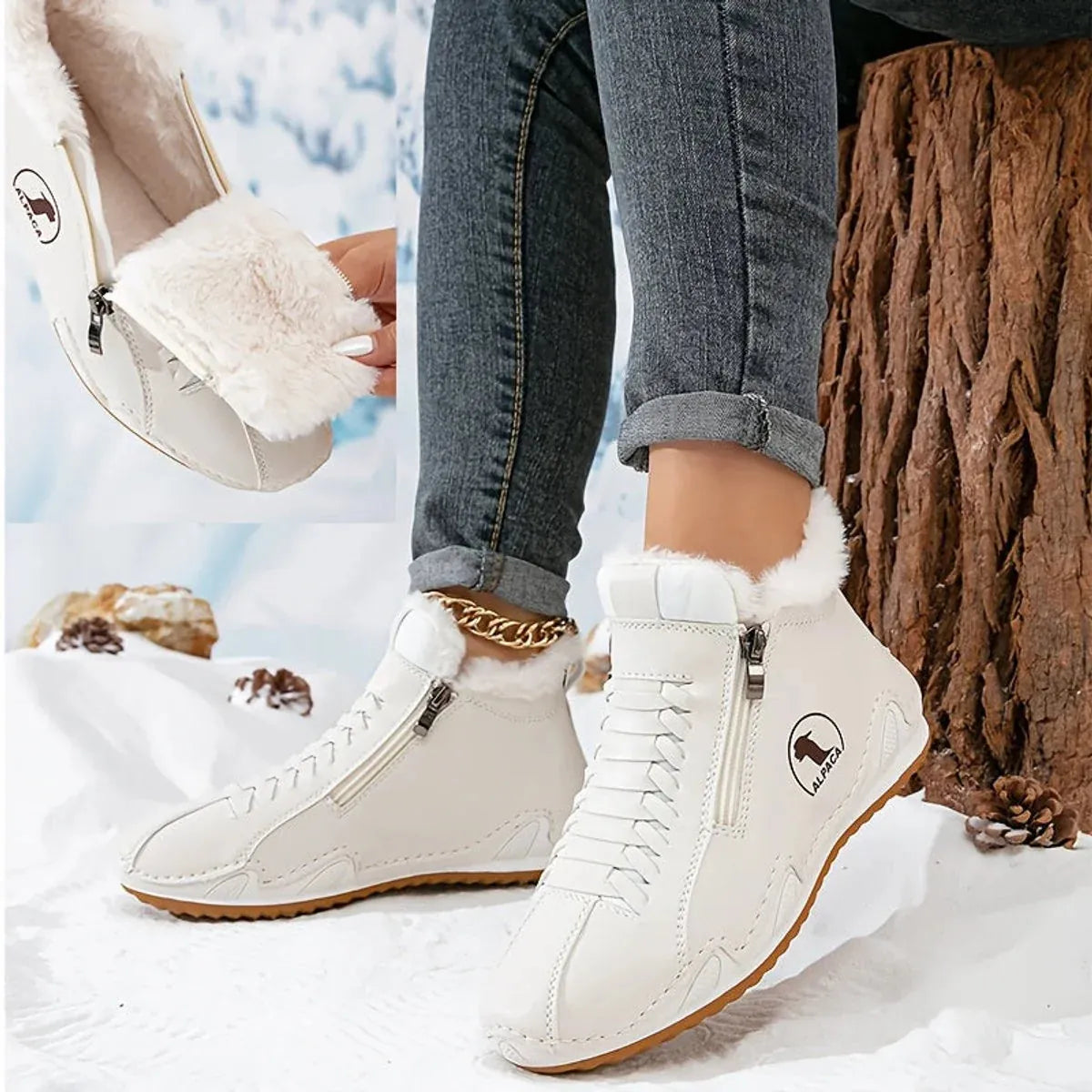 White Women's Fur Lined Ankle Boots with Roomy Toe Box & Side Zipper — Nola - Fur Trim Zipper Detail