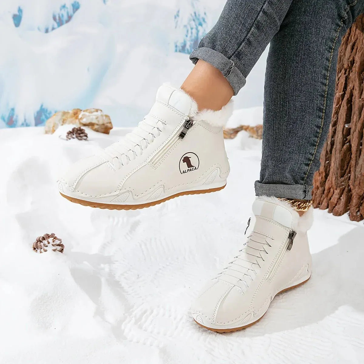 White Women's Fur Lined Ankle Boots with Roomy Toe Box & Side Zipper — Nola - Model Walking Snow