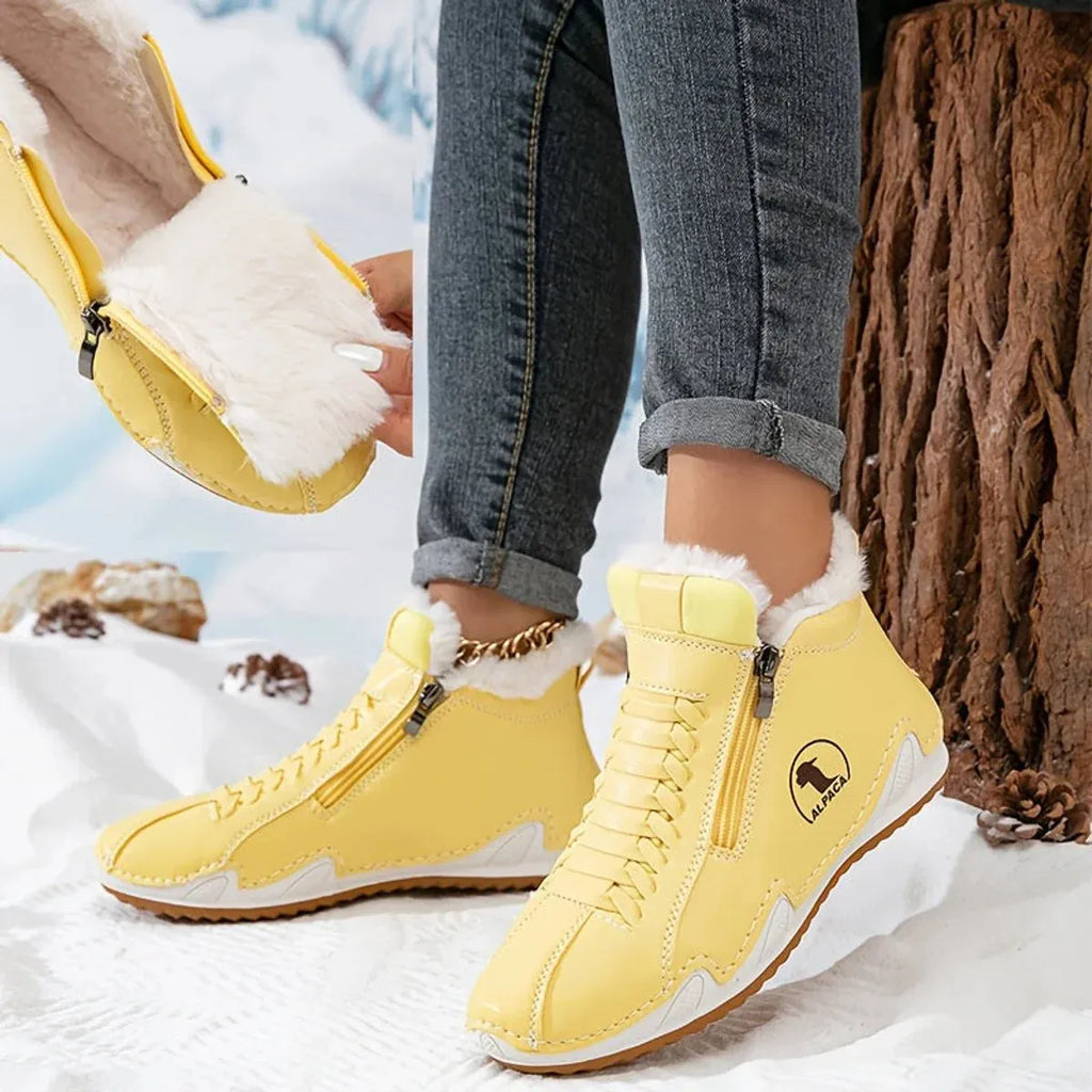 Yellow Women's Fur Lined Ankle Boots with Roomy Toe Box & Side Zipper — Nola - Fur Lining Closeup