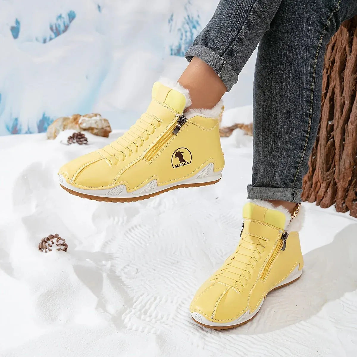 Yellow Women's Fur Lined Ankle Boots with Roomy Toe Box & Side Zipper — Nola - Model Mid Step