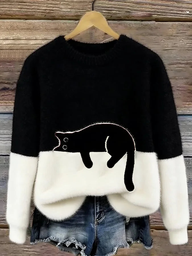Black Women's Graphic Cat Sweatshirt with Ribbed Crew Neck & Relaxed Fit