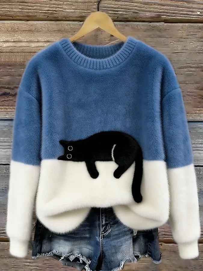 Blue Women's Graphic Cat Sweatshirt with Ribbed Crew Neck & Relaxed Fit