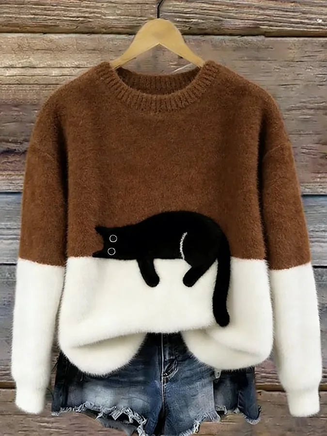 Brown Women's Graphic Cat Sweatshirt with Ribbed Crew Neck & Relaxed Fit