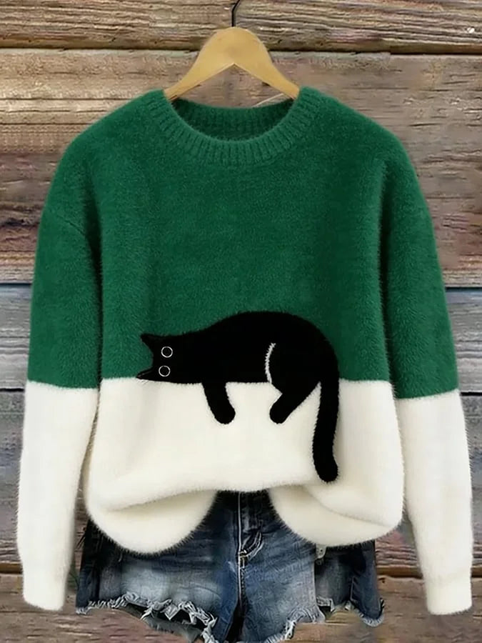 Green Women's Graphic Cat Sweatshirt with Ribbed Crew Neck & Relaxed Fit
