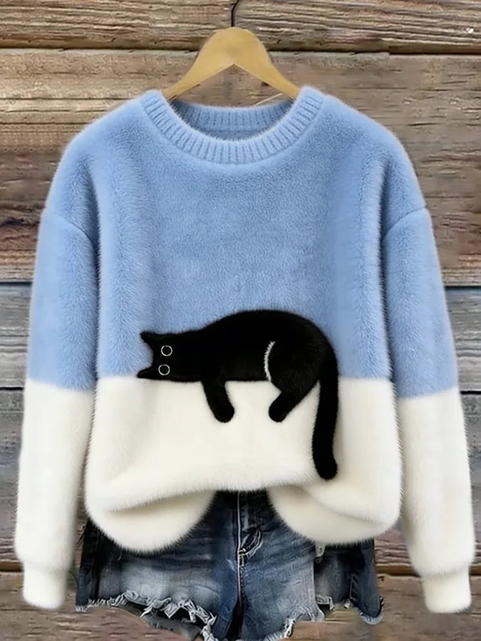 Light Blue Women's Graphic Cat Sweatshirt with Ribbed Crew Neck & Relaxed Fit — Dora