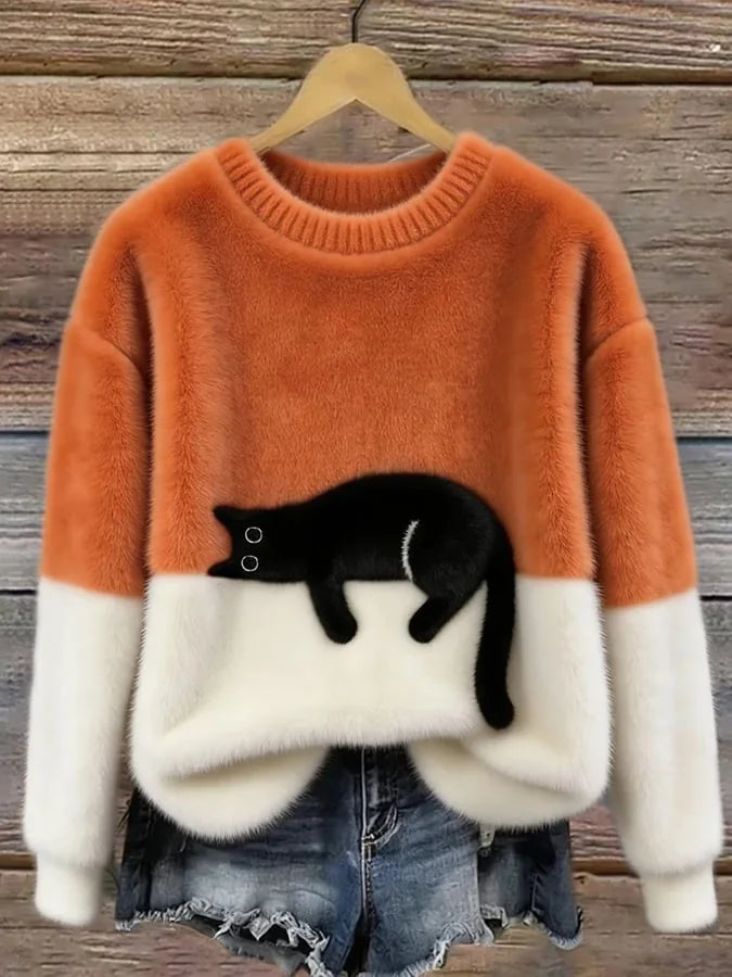 Orange Women's Graphic Cat Sweatshirt with Ribbed Crew Neck & Relaxed Fit
