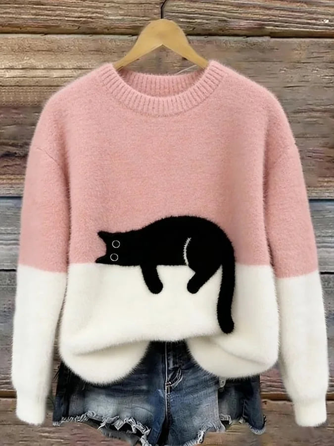 Pink Women's Graphic Cat Sweatshirt with Ribbed Crew Neck & Relaxed Fit