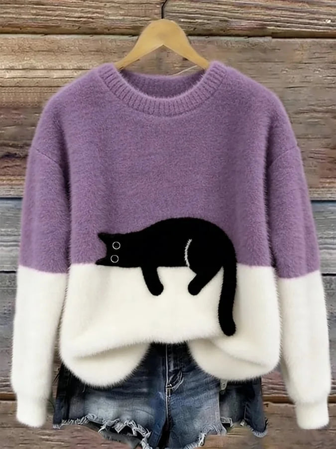 Purple Women's Graphic Cat Sweatshirt with Ribbed Crew Neck & Relaxed Fit