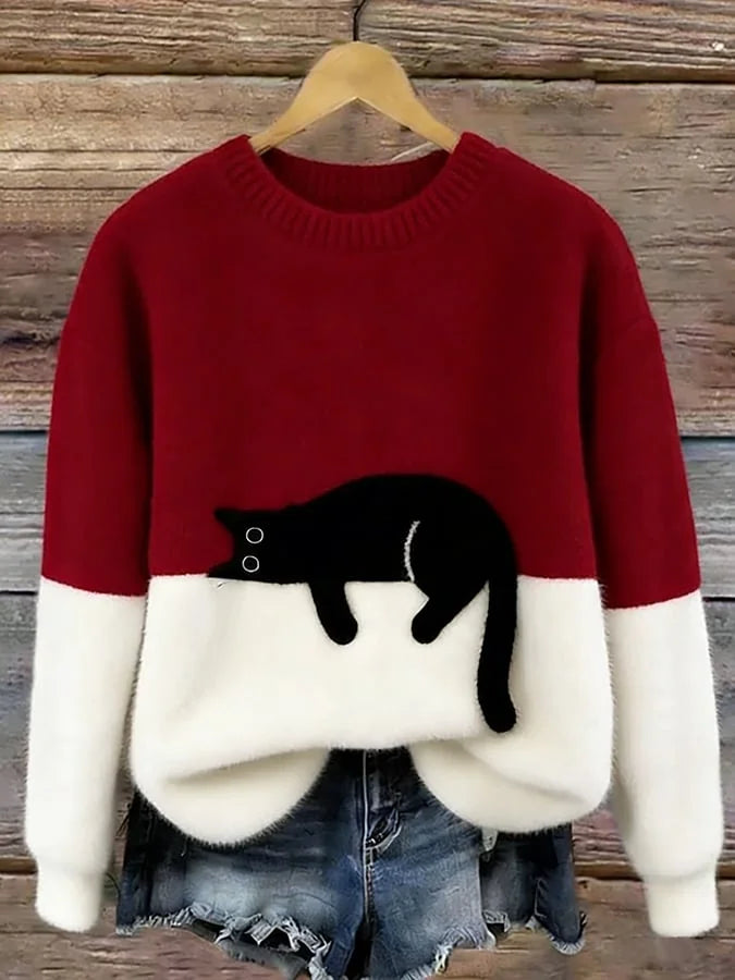 Red Women's Graphic Cat Sweatshirt with Ribbed Crew Neck & Relaxed Fit
