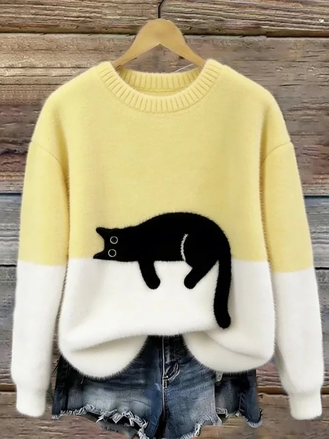 Yellow Women's Graphic Cat Sweatshirt with Ribbed Crew Neck & Relaxed Fit