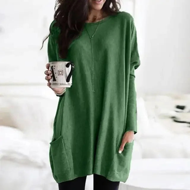 Green Women's Oversized Tunic Top with Long Sleeves & Patch Pockets - Front Pose