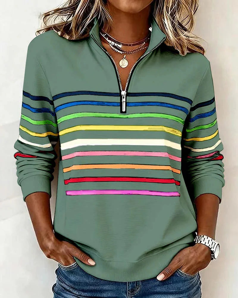 Green Women's Striped Half Zip Hoodie with Stand Collar & Ribbed Cuffs