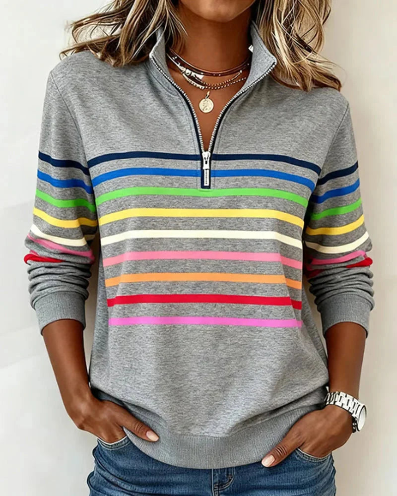 Grey Women's Striped Half Zip Hoodie with Stand Collar & Ribbed Cuffs