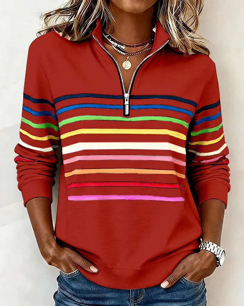 Red Women's Striped Half Zip Hoodie with Stand Collar & Ribbed Cuffs