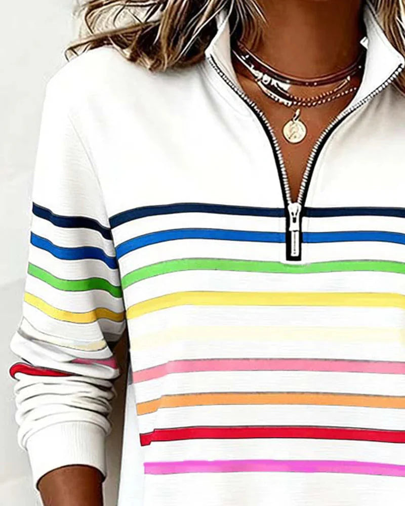 Women's Striped Half Zip Hoodie with Stand Collar & Ribbed Cuffs - Close Up Neckline