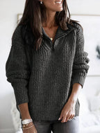 Dark Grey Women's Half Zip Sweater with Relaxed Fit & Ribbed Knit Texture — Kayla