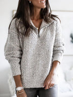 Grey Women's Half Zip Sweater with Relaxed Fit & Ribbed Knit Texture — Kayla