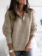 Khaki Women's Half Zip Sweater with Relaxed Fit & Ribbed Knit Texture