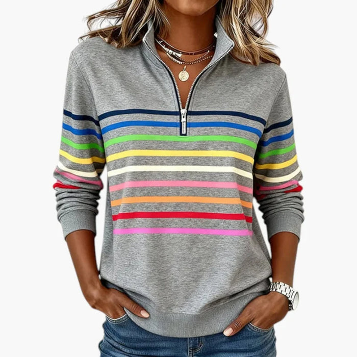 Gray Women's Striped Half Zip Sweatshirt with Stand Collar & Long Sleeves