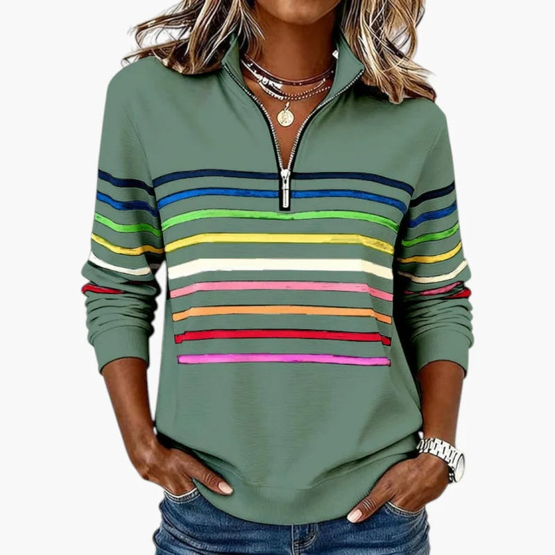 Green Women's Striped Half Zip Sweatshirt with Stand Collar & Long Sleeves