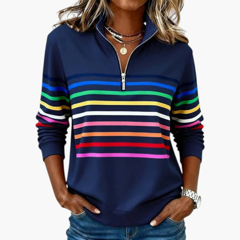 Navy Blue Women's Striped Half Zip Sweatshirt with Stand Collar & Long Sleeves