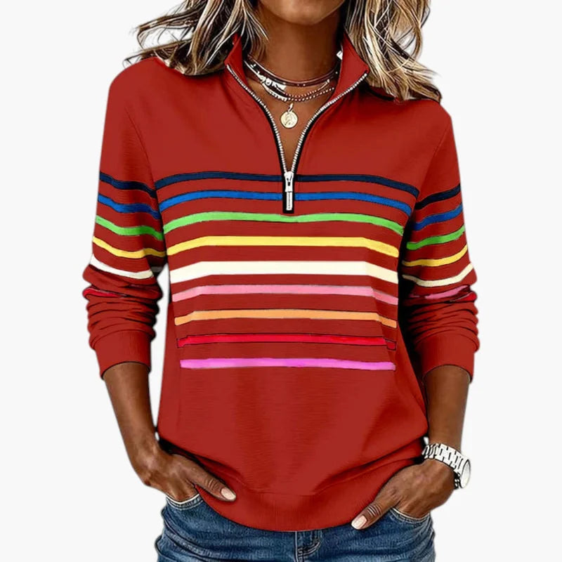 Red Women's Striped Half Zip Sweatshirt with Stand Collar & Long Sleeves
