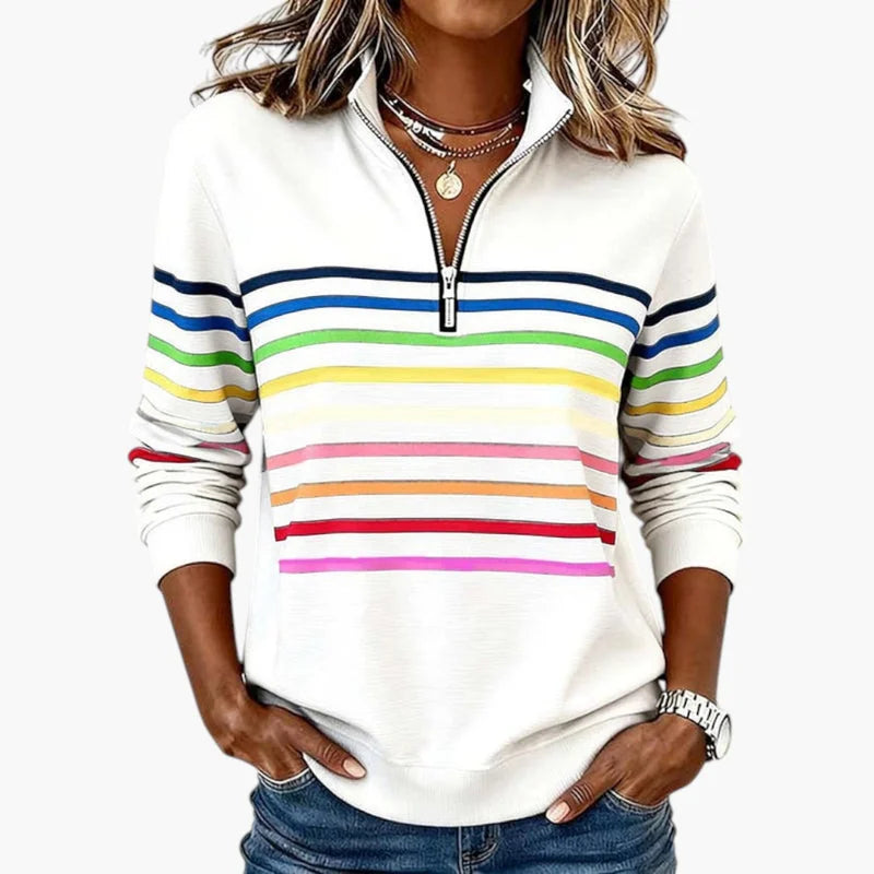White Women's Striped Half Zip Sweatshirt with Stand Collar & Long Sleeves