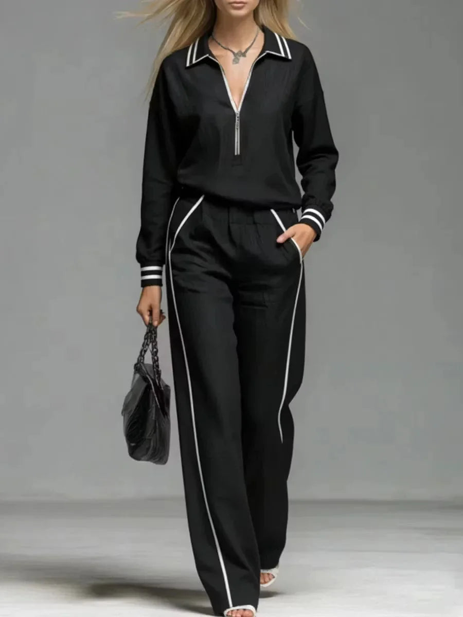 Women's Half Zip Two Piece Set with Striped Trim & Wide-Leg Pants - Close Up Front