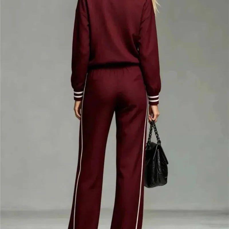 Women's Half Zip Two Piece Set with Striped Trim & Wide-Leg Pants - Back Full